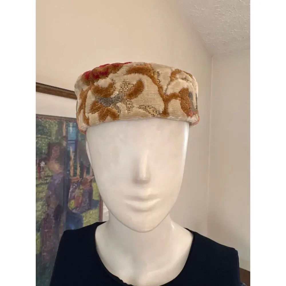 Vintage 1960s Pillbox Tapestry Chenille Women's Hat Mad Men Retro Bohemian